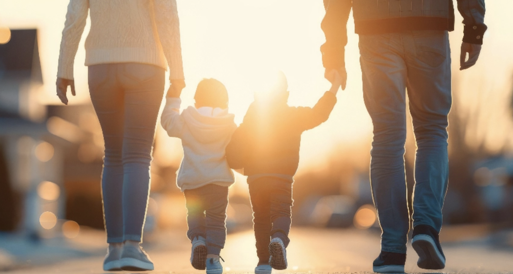 Family with Two Children Walking Hand-in-hand