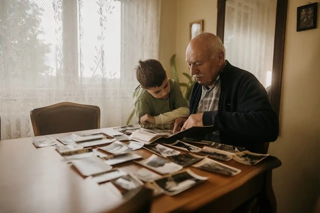 Grandfather showing his grandson old family photos